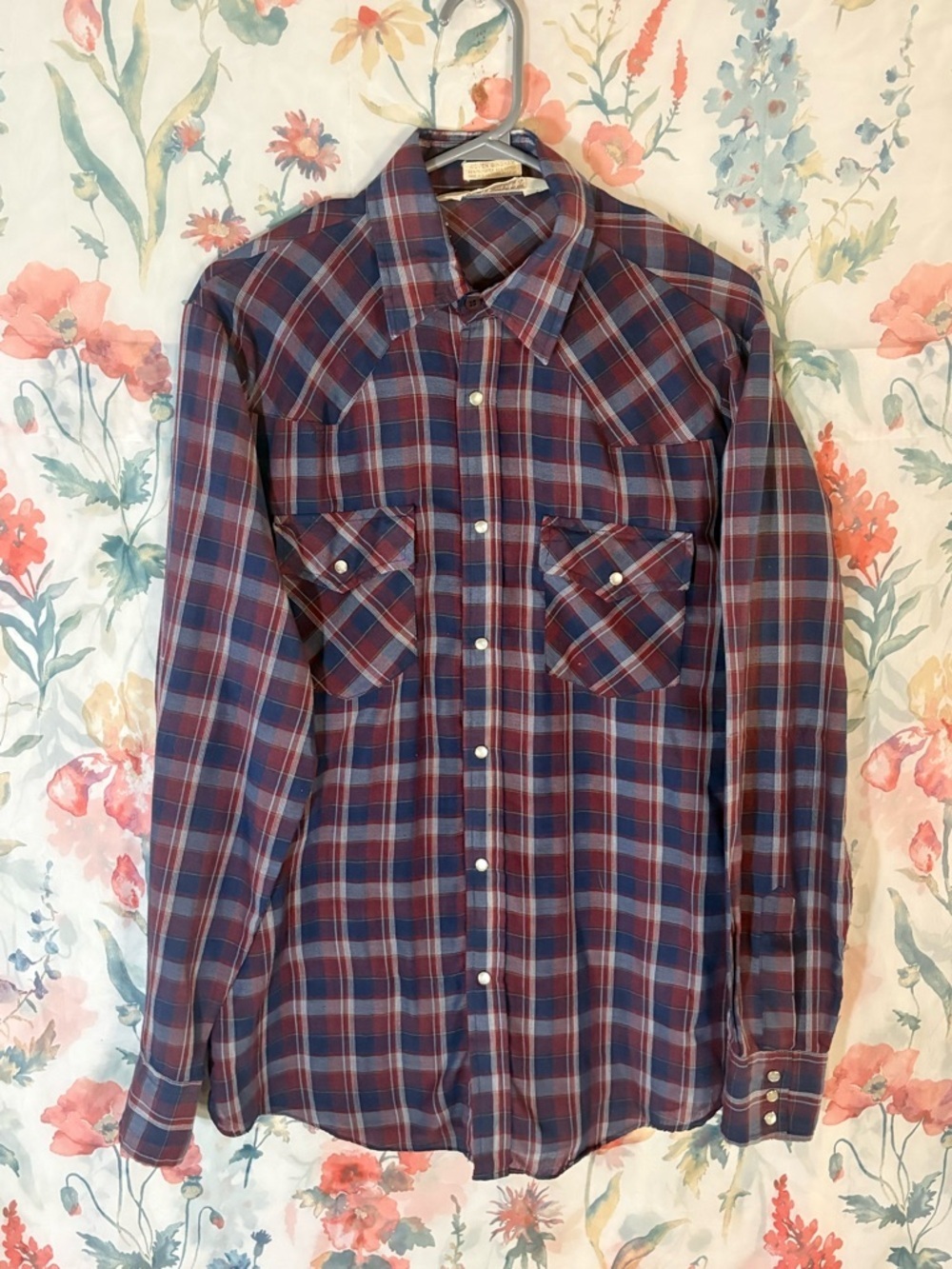 Vintage Men's Plaid Western Snap Shirt - Blue & Burgundy